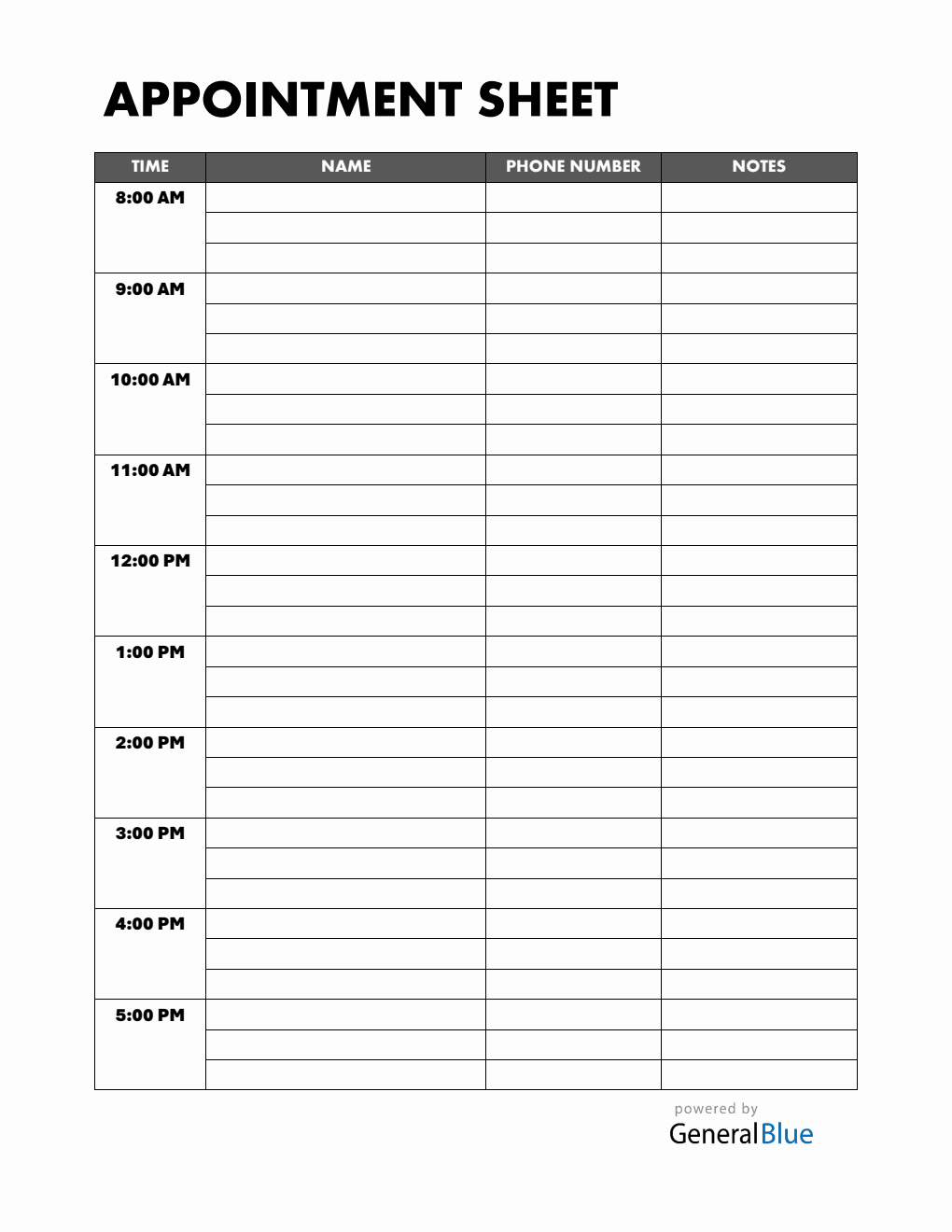 Printable Appointment Sign Up Sheet PDF (1-Hour Interval)