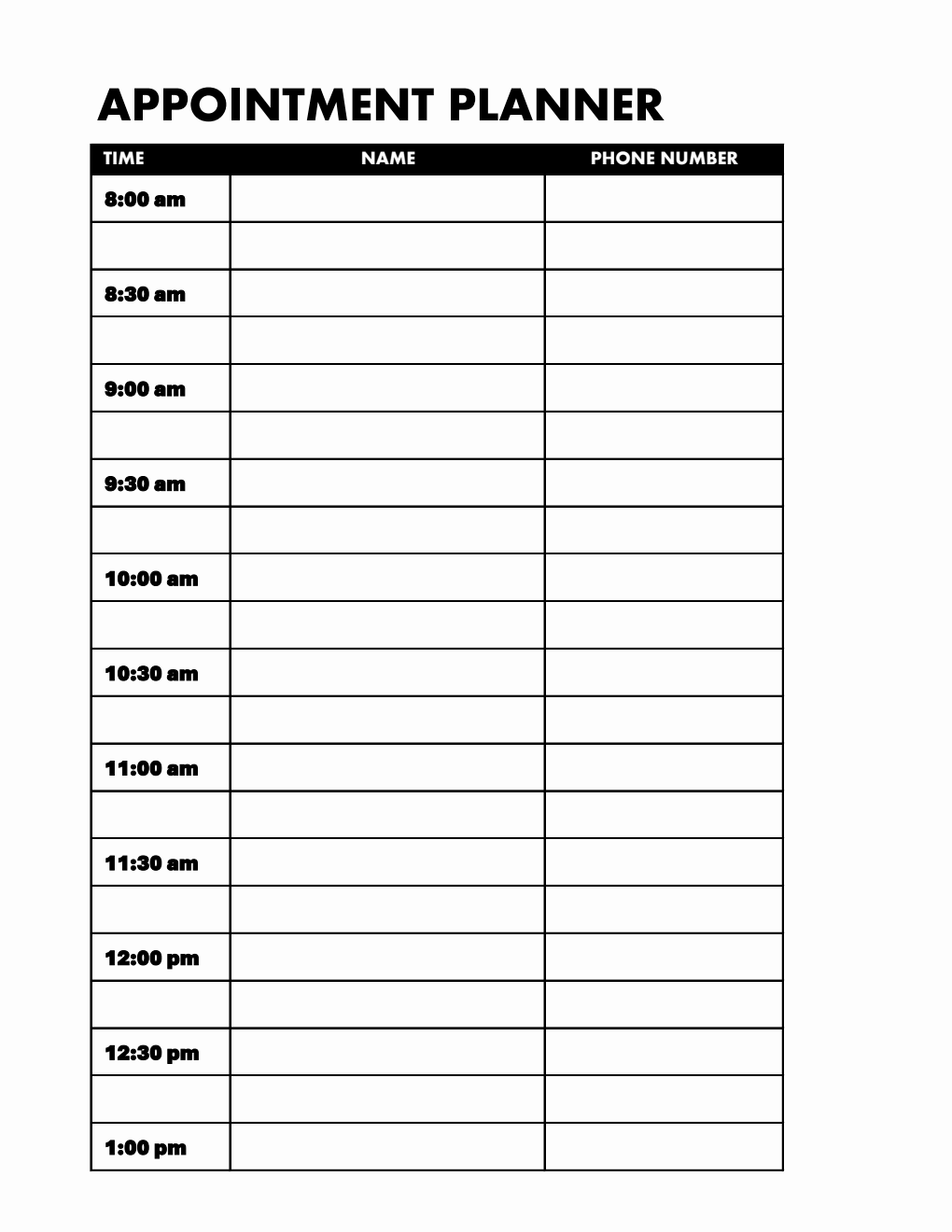 Classic Appointment Planner (30-Minute Interval) in Excel