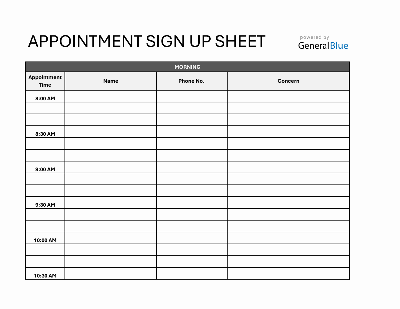 Free Appointment Sheet in Excel Format (30 Minute Interval)