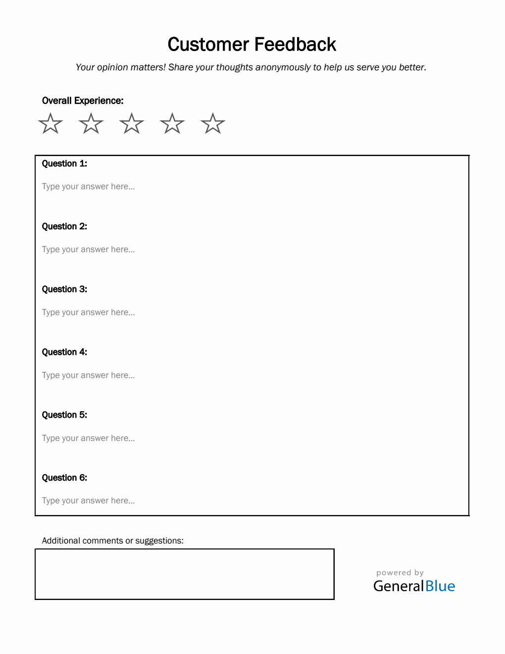 Printable Customer Feedback Survey Form in Excel
