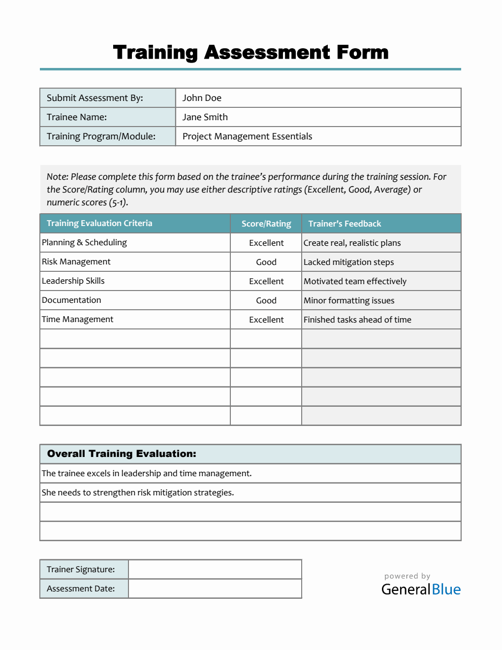 Downloadable Employee Training Assessment Form - Free Excel Download