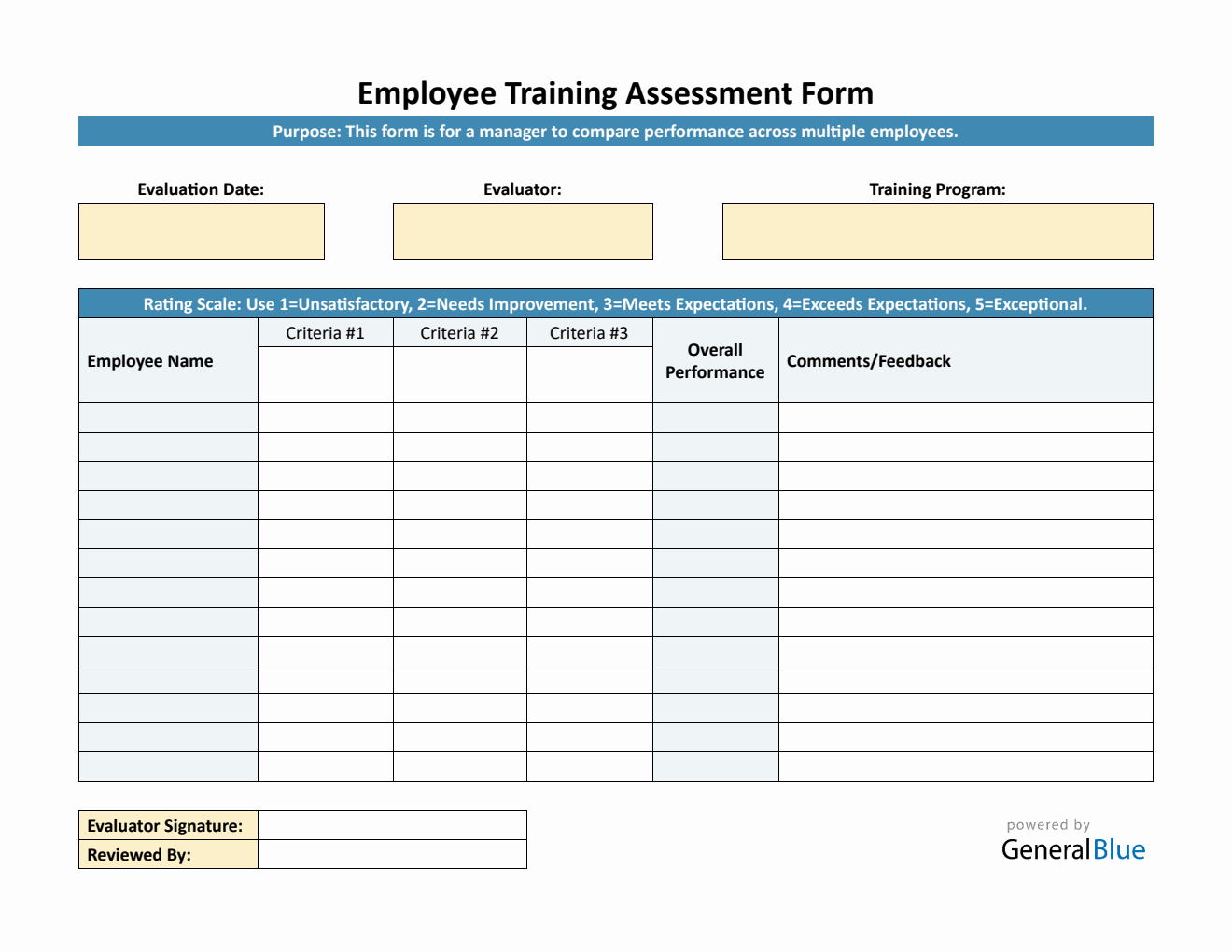 Multi-Employee Training Assessment Word Form (Landscape Layout)