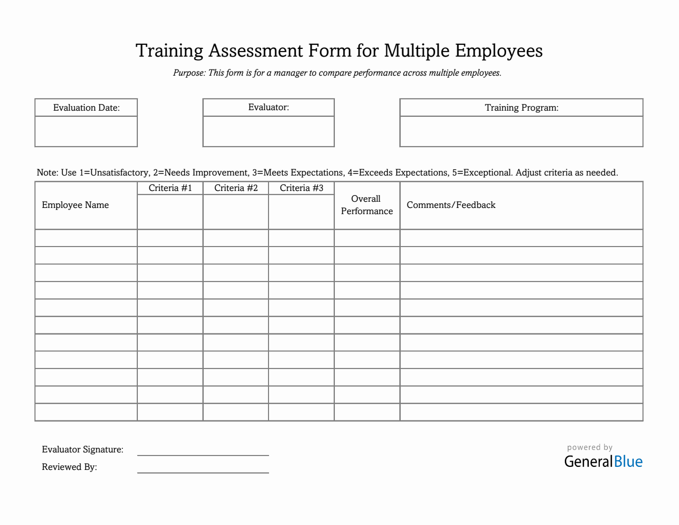 Multi-Employee Training Assessment Excel Form (Printable)