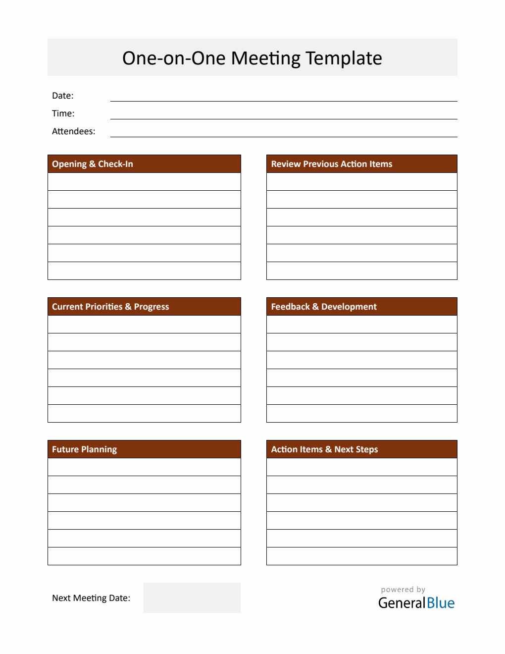 One-on-One Meeting Template PDF (Fillable)