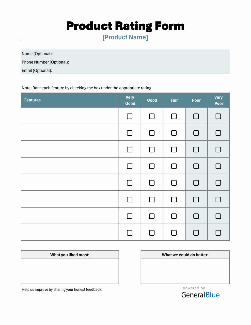 Product Review Form Excel (Simple)