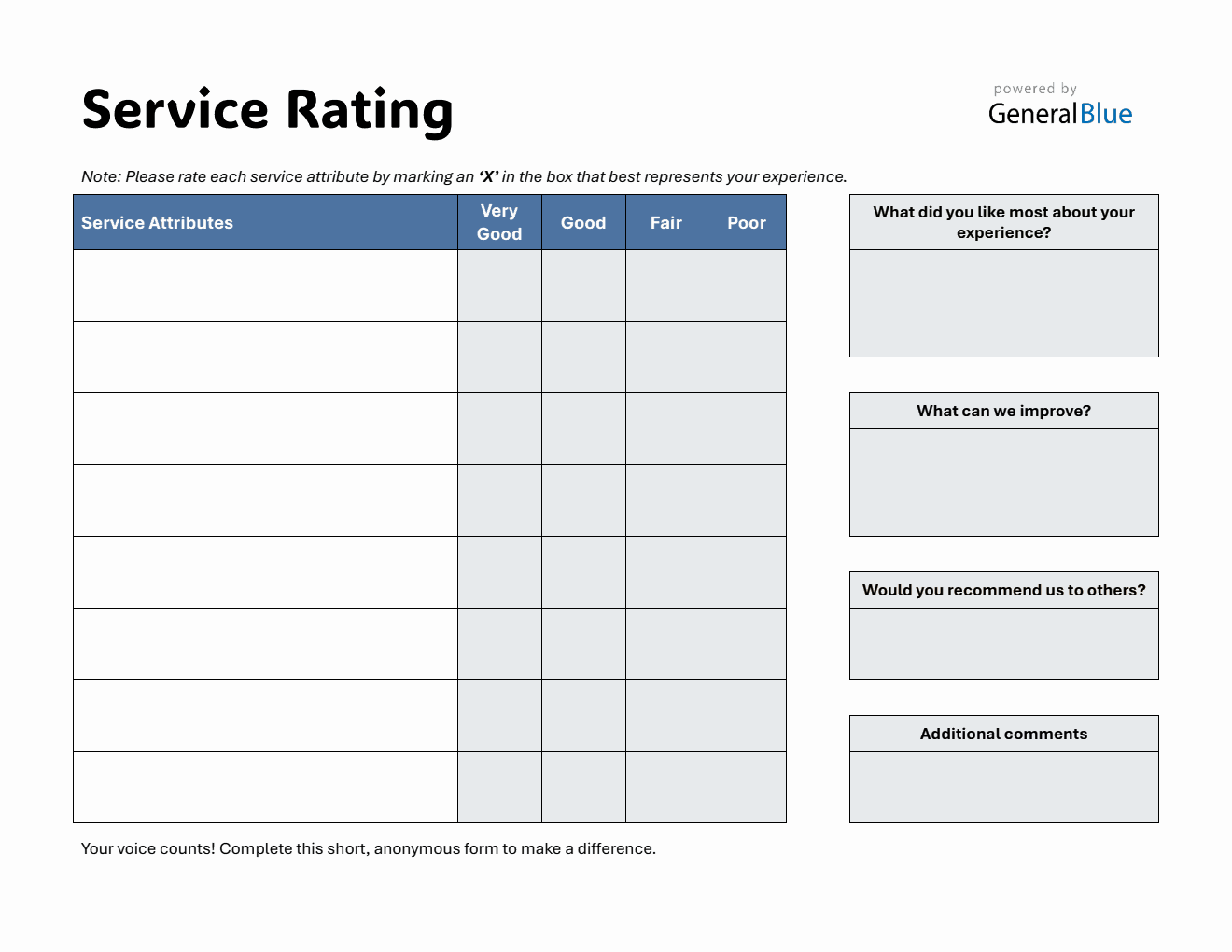 Service Rating Form in PDF (Downloadable)