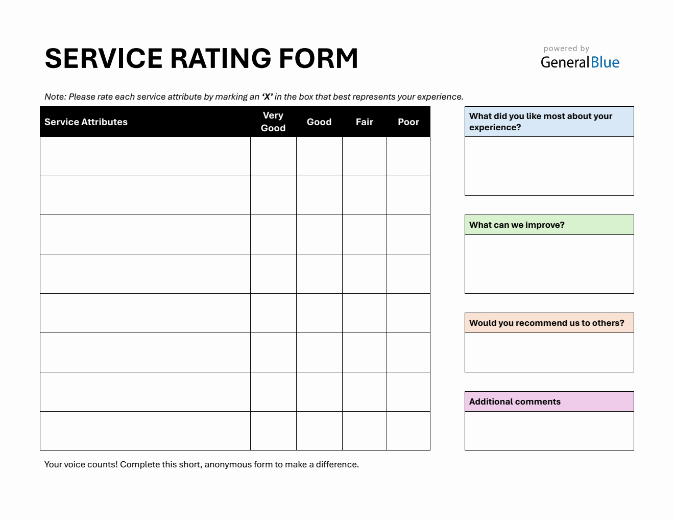 Service Rating Form in PDF (Customizable)