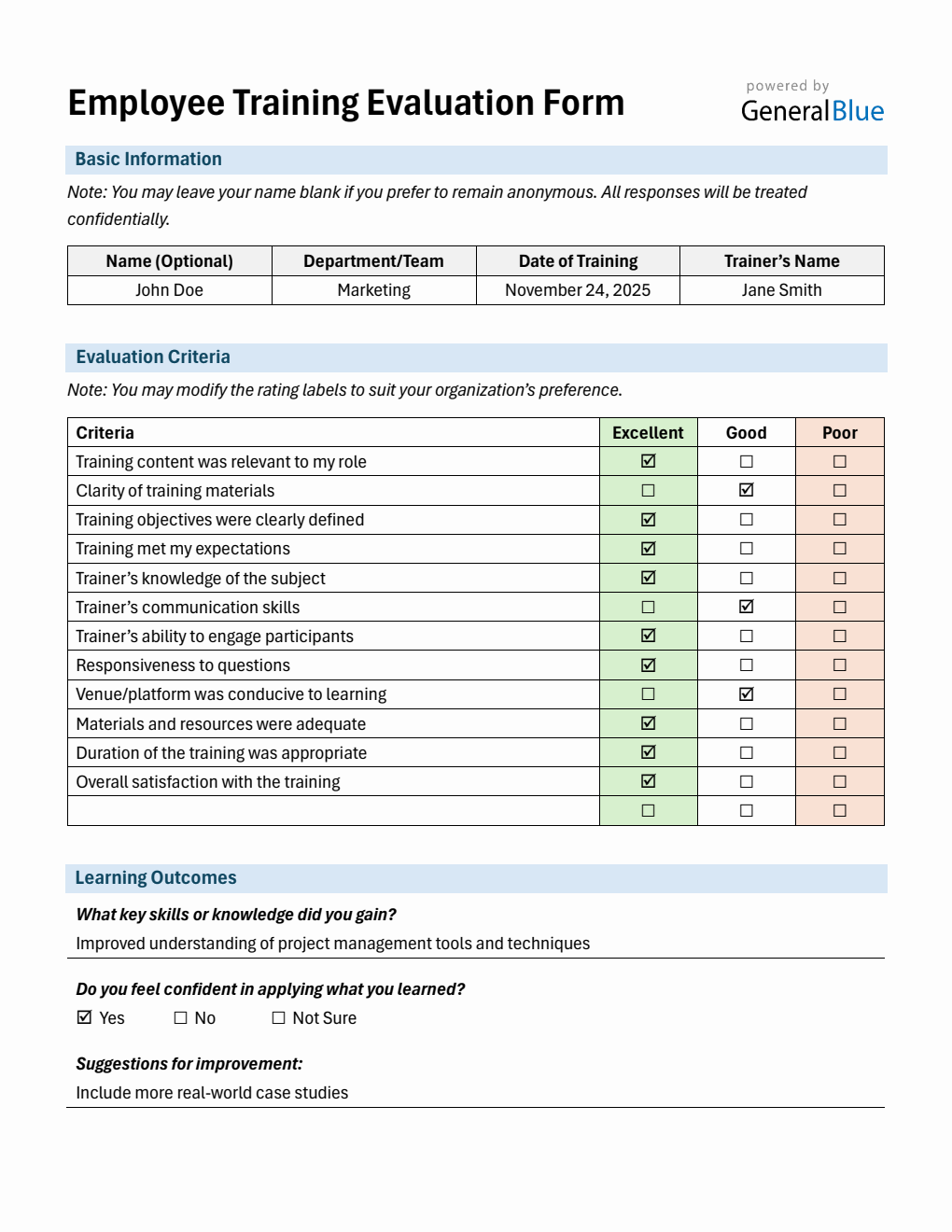 One Page Training Evaluation Form – Free Download in Word