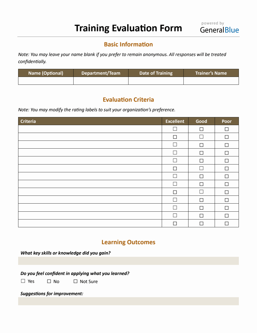 Customizable Training Evaluation Form – Free Download in PDF