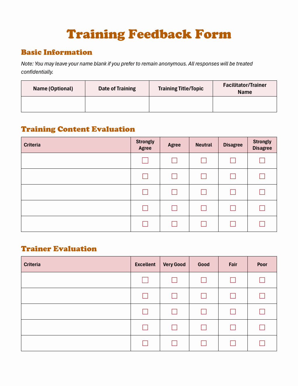 2 Page Layout Training Feedback Form Template Word