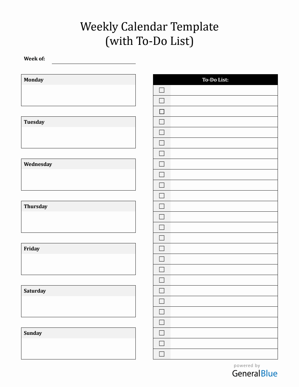 Weekly Calendar with Task List  in Word