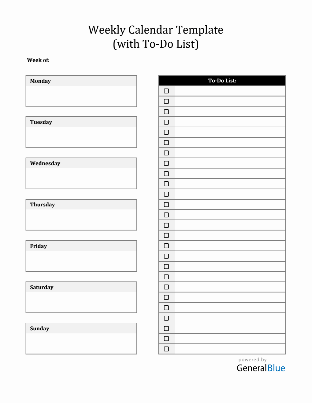  Weekly Calendar with To-Do List - Free Excel Spreadsheet