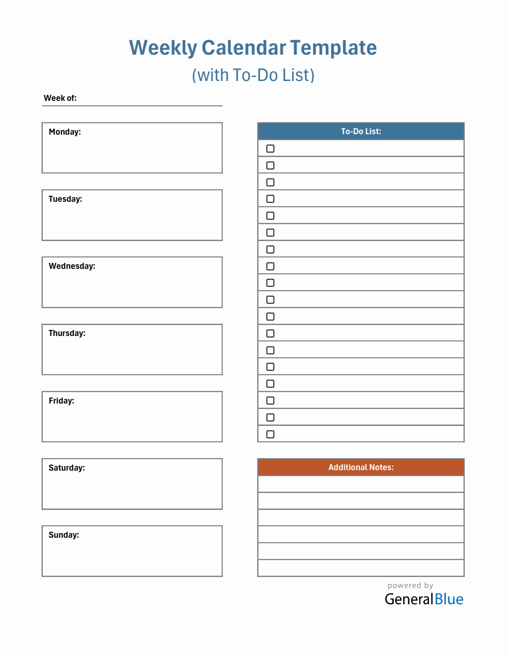 Modifiable Weekly Calendar with To-Do List - Free Excel Spreadsheet