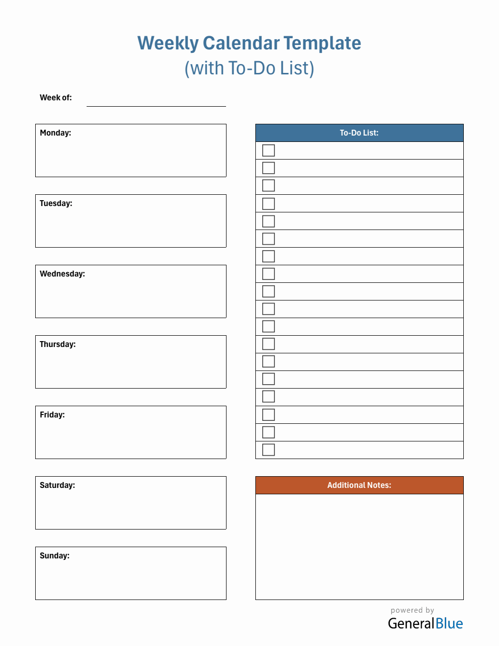 Weekly Calendar with Task List Modifiable in PDF