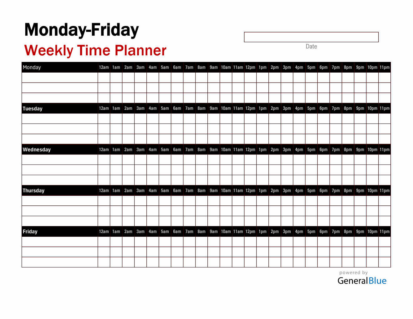 Monday-Friday Hourly Planner (24 Hours Schedule) | Customize in Excel