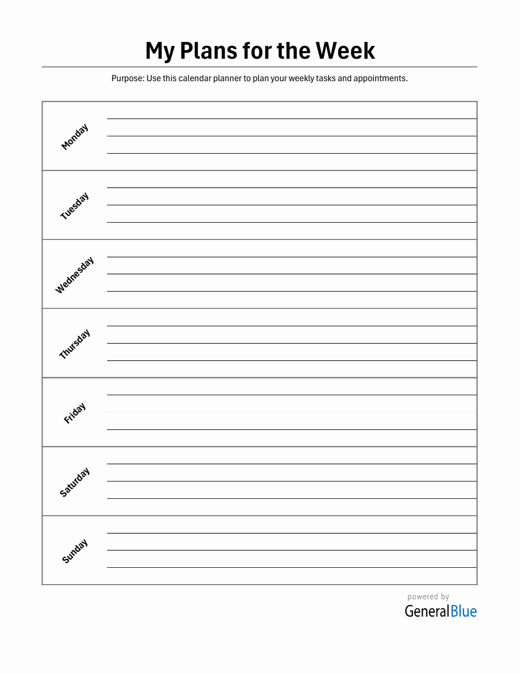 Plain Week At A Glance Planner – Free Excel Template