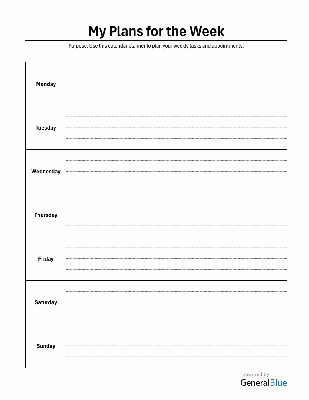 Week-At-A-Glance Planner – Free Plain Word Template