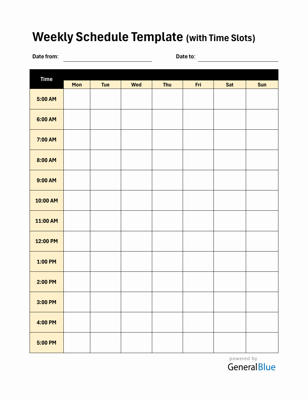 Weekly Planner with Time Slots (5Am To 5Pm) - Free Word Download