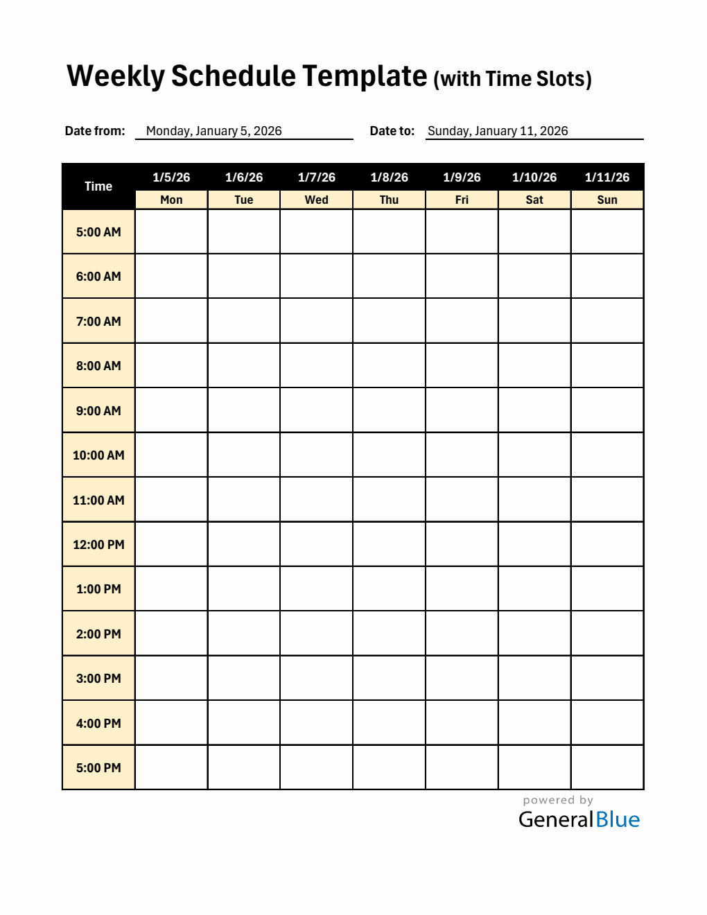 Weekly Planner with Time Slots (5Am To 5Pm) - Free Excel Download