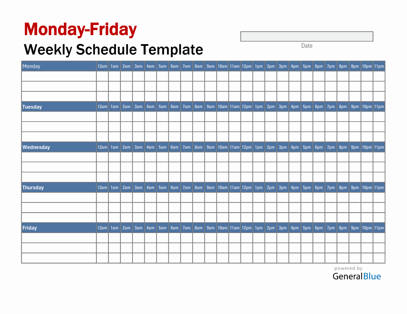 Mon Fri With 24 Hours Schedule Planner (Excel)